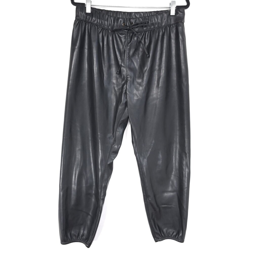 ENZA COSTA Women's 3 Jogger Pants LARGE Black Faux Leather Drawstring USA MADE